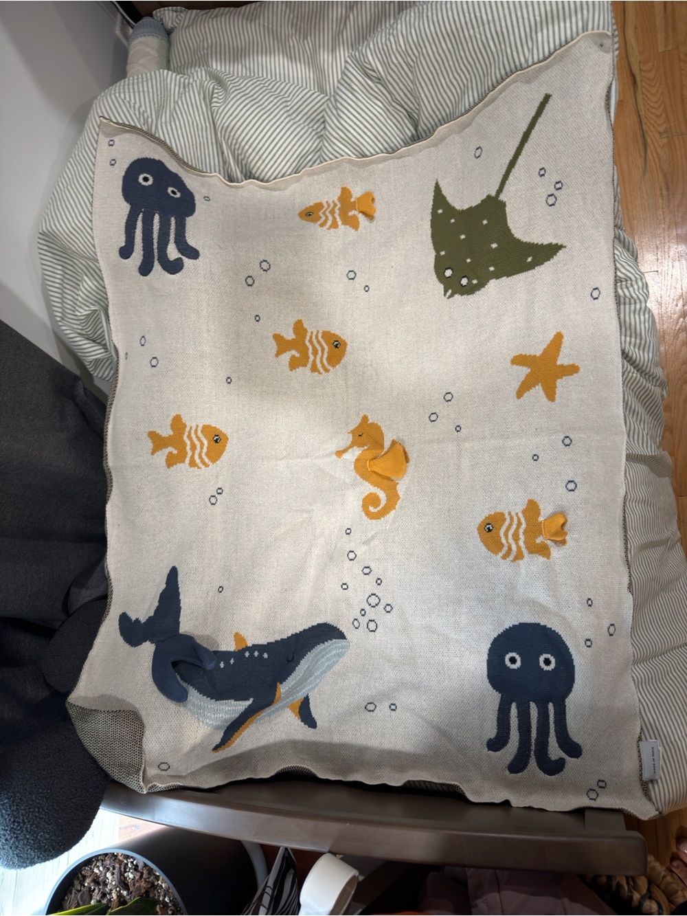 Whimsical Ocean Friends Throw Blanket - Cream, Navy & Mustard